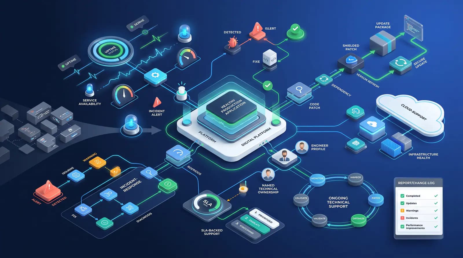Connected service monitoring and support workflow modules