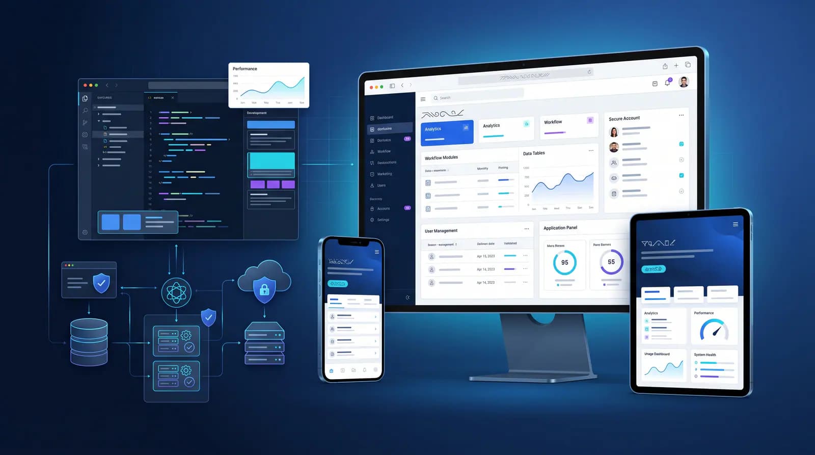 Web application dashboards shown across desktop, tablet, and mobile devices